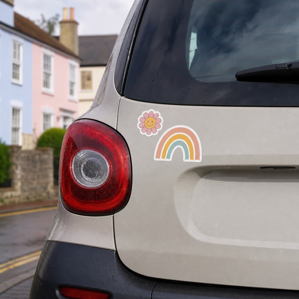 Example of weatherproof die-cut stickers on a car