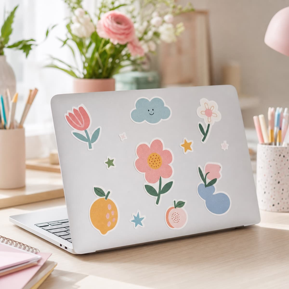 Example of colourful vinyl stickers on a silver laptop
