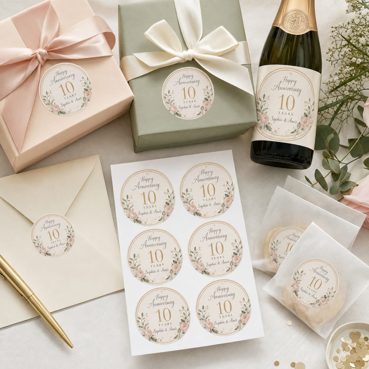 Custom Anniversary Stickers sheet and print examples