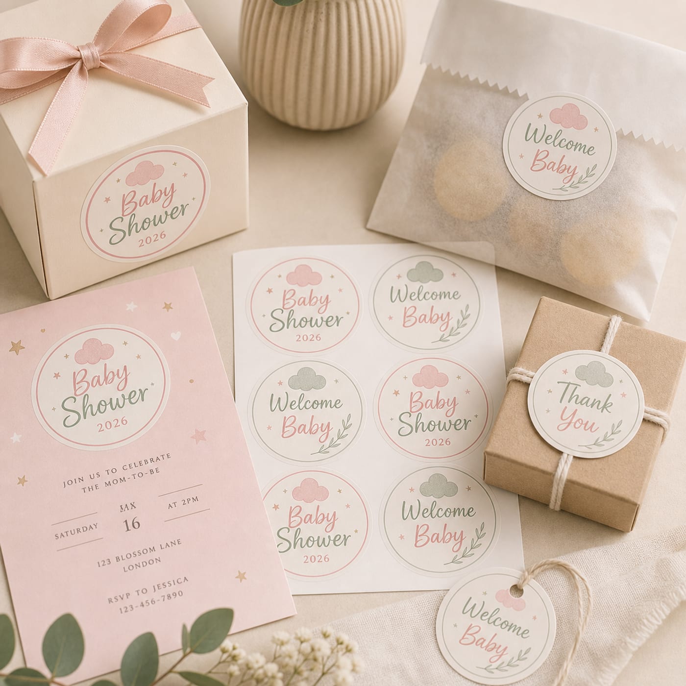 Custom Baby Shower Stickers sheet and print examples