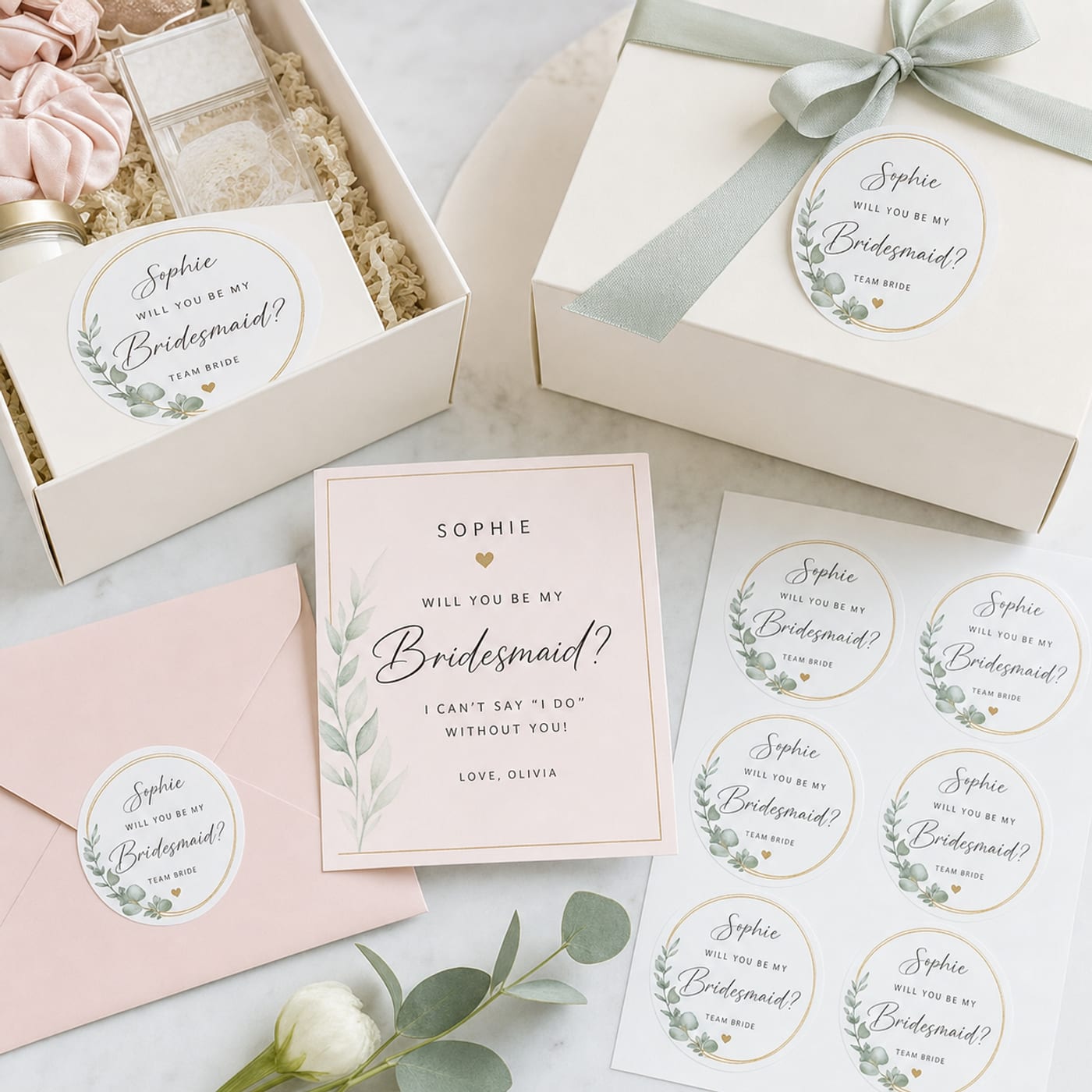 Custom Bridesmaid Proposal Stickers sheet and print examples