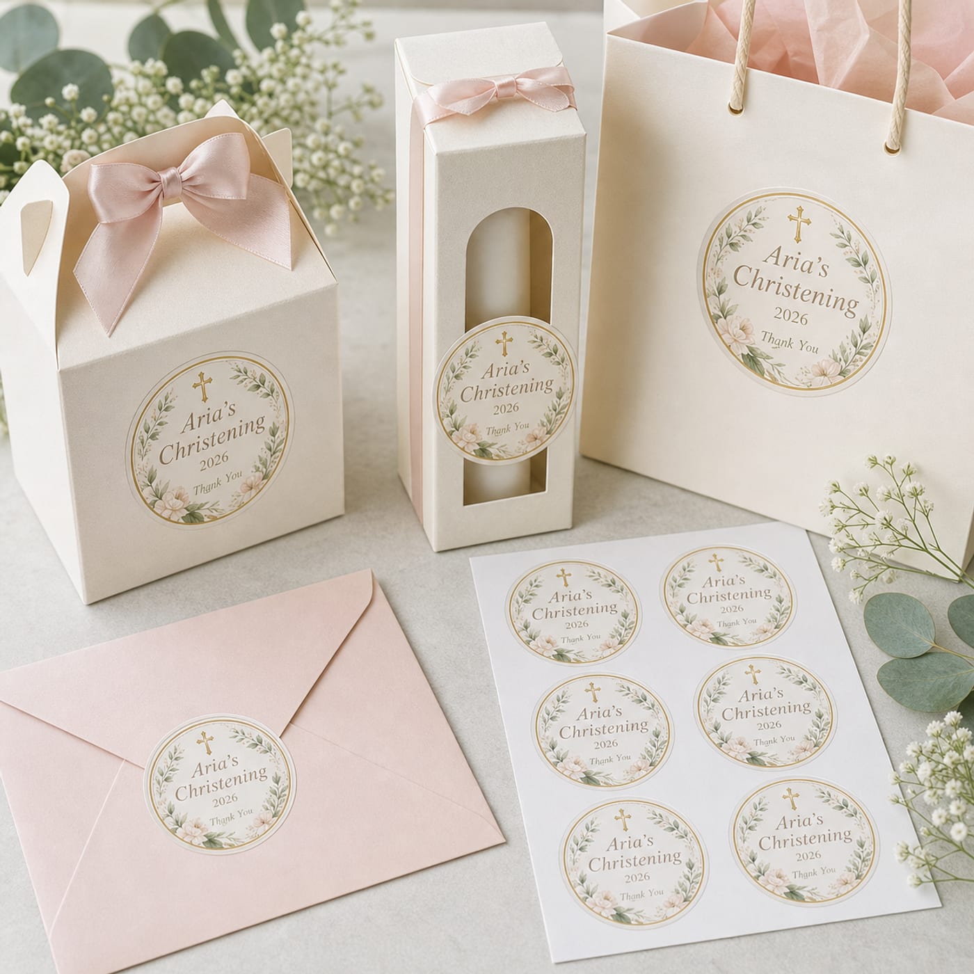 Custom Christening Stickers sheet and print examples