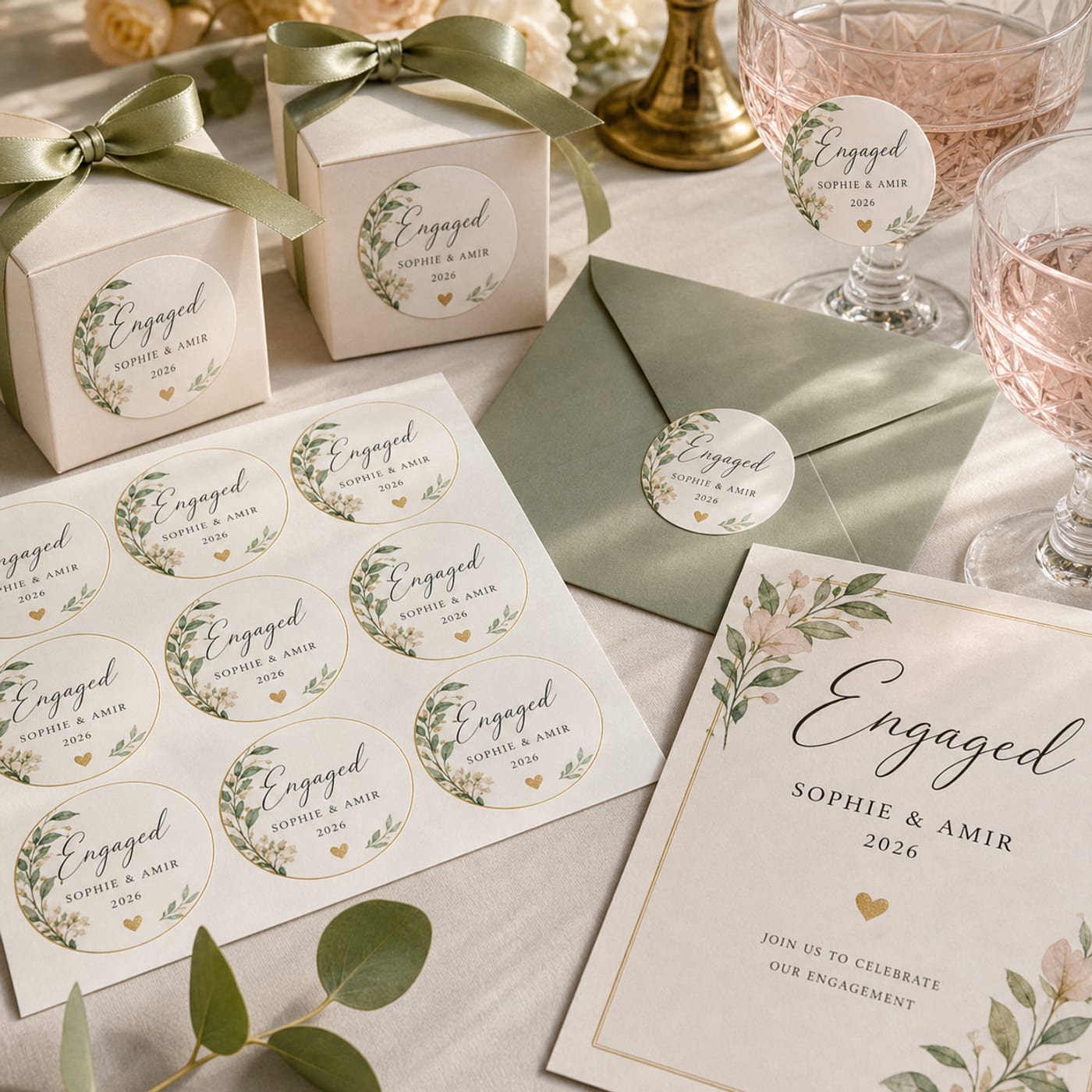 Custom Engagement Party Stickers sheet and print examples