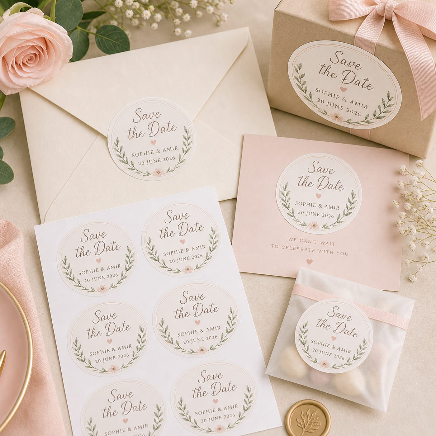 Custom Save The Date Stickers sheet and print examples