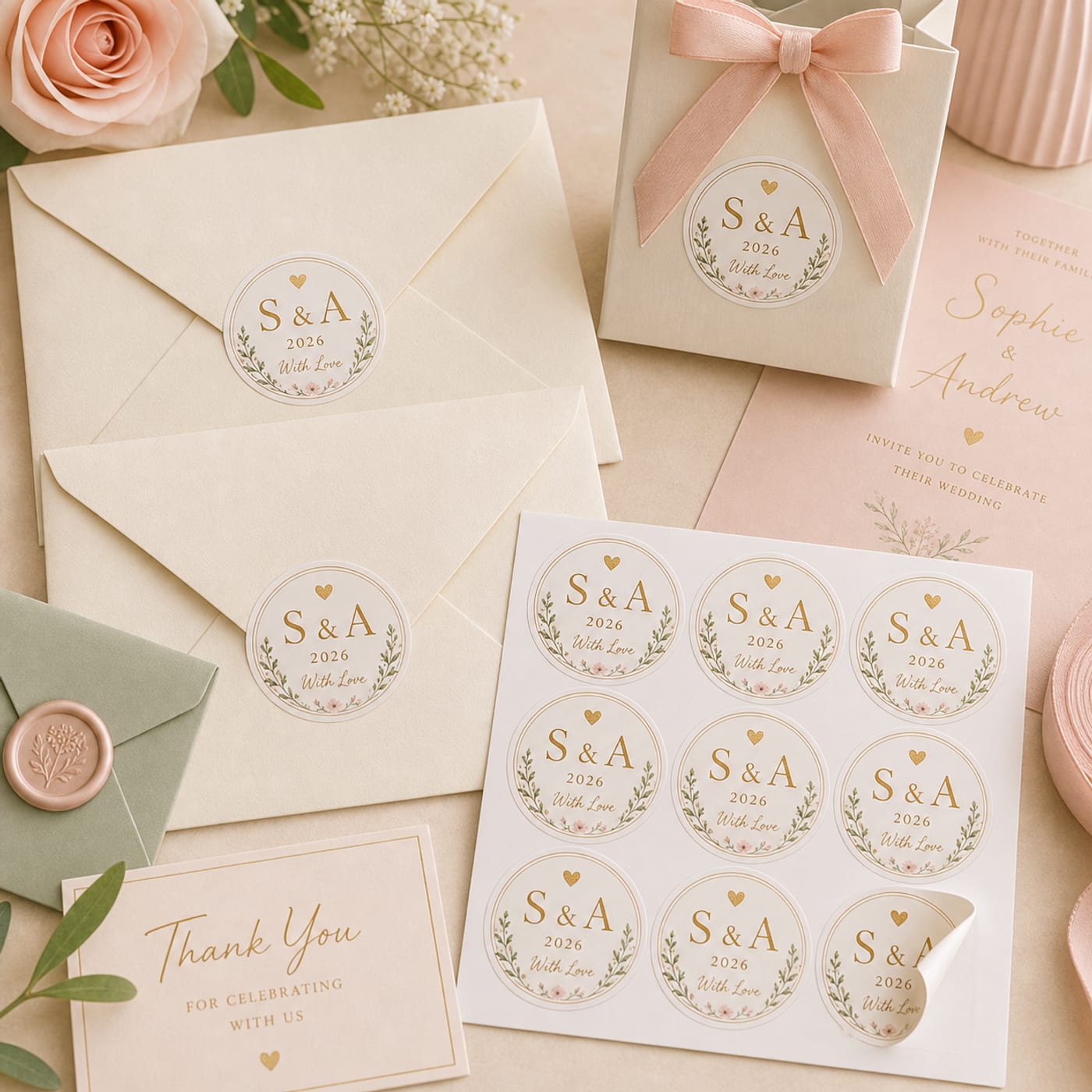 Custom Wedding Envelope Seal Stickers sheet and print examples