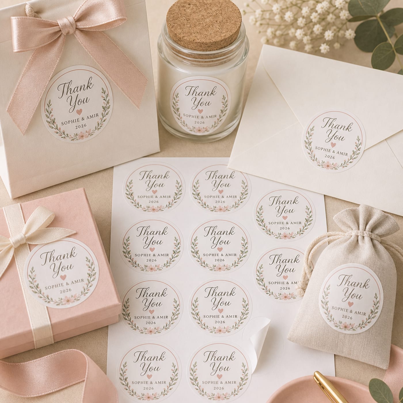 Custom Wedding Thank You Stickers sheet and print examples