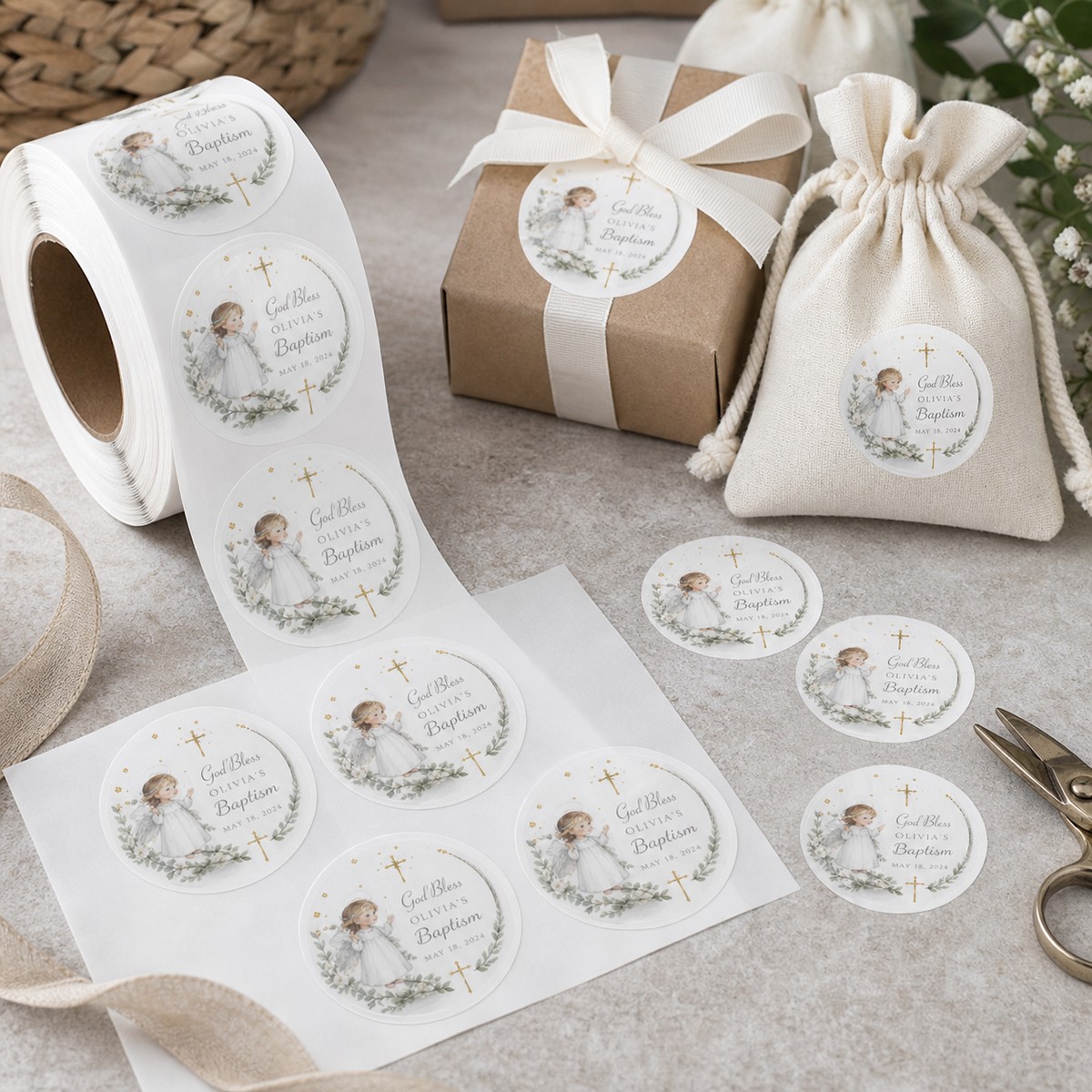 Waterproof Baptism Favour Stickers printed sticker examples