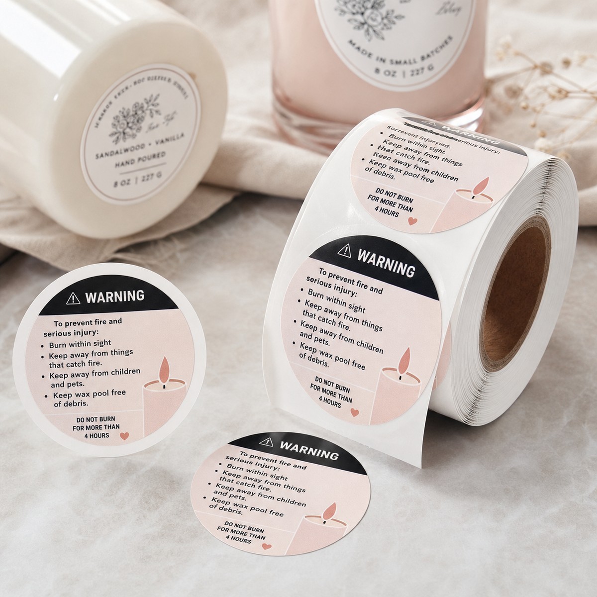 Waterproof Candle Warning Labels printed sticker examples